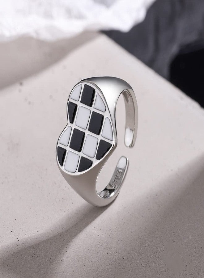 Izpack Plaid Love Heart Open Stacking Ring Black and White Checkered Enamel Heart Adjustable Chunky Bands Wedding Valentine's Day Promise Eternity Finger Rings for Women Brides Fashion Jewelry - Image 4